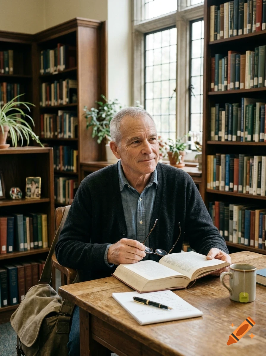An older man sitting at a wooden desk reading a book in a library filled with bookshelves.