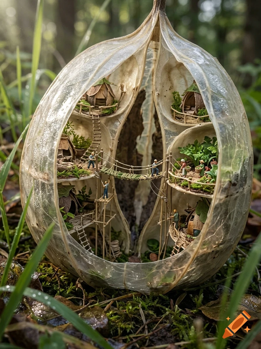 A miniature village built inside a large translucent seed pod, featuring tiny houses, ladders, suspension bridges, and minuscule figures.