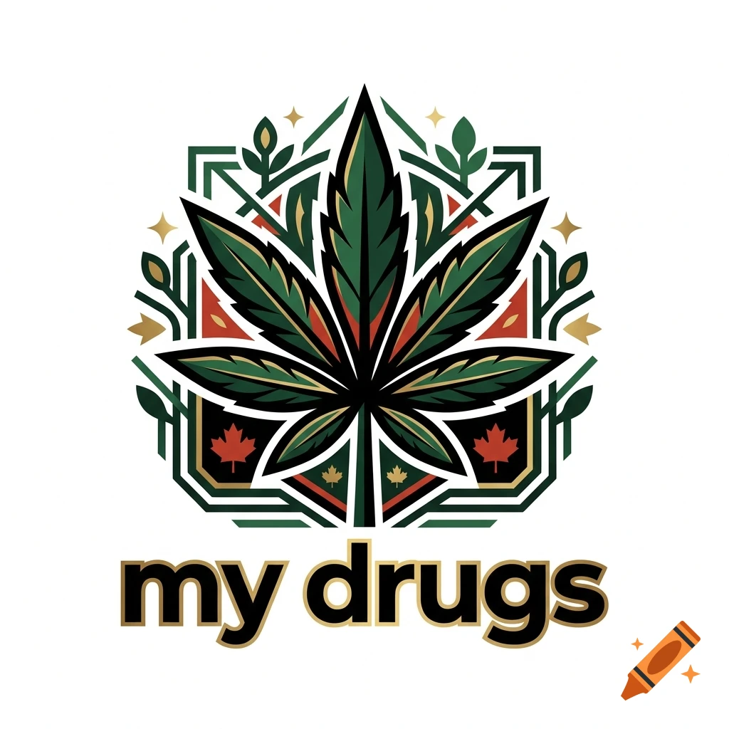 A stylized vector logo of a cannabis leaf with intricate geometric patterns and the text 'my drugs' underneath.