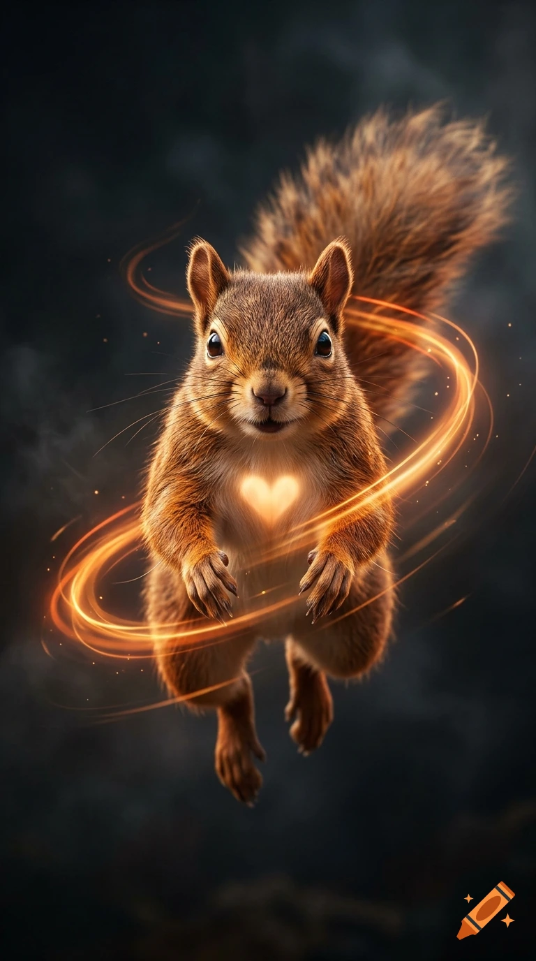 Digital painting of a cute red squirrel leaping forward with glowing orange energy trails and a glowing heart on its chest.