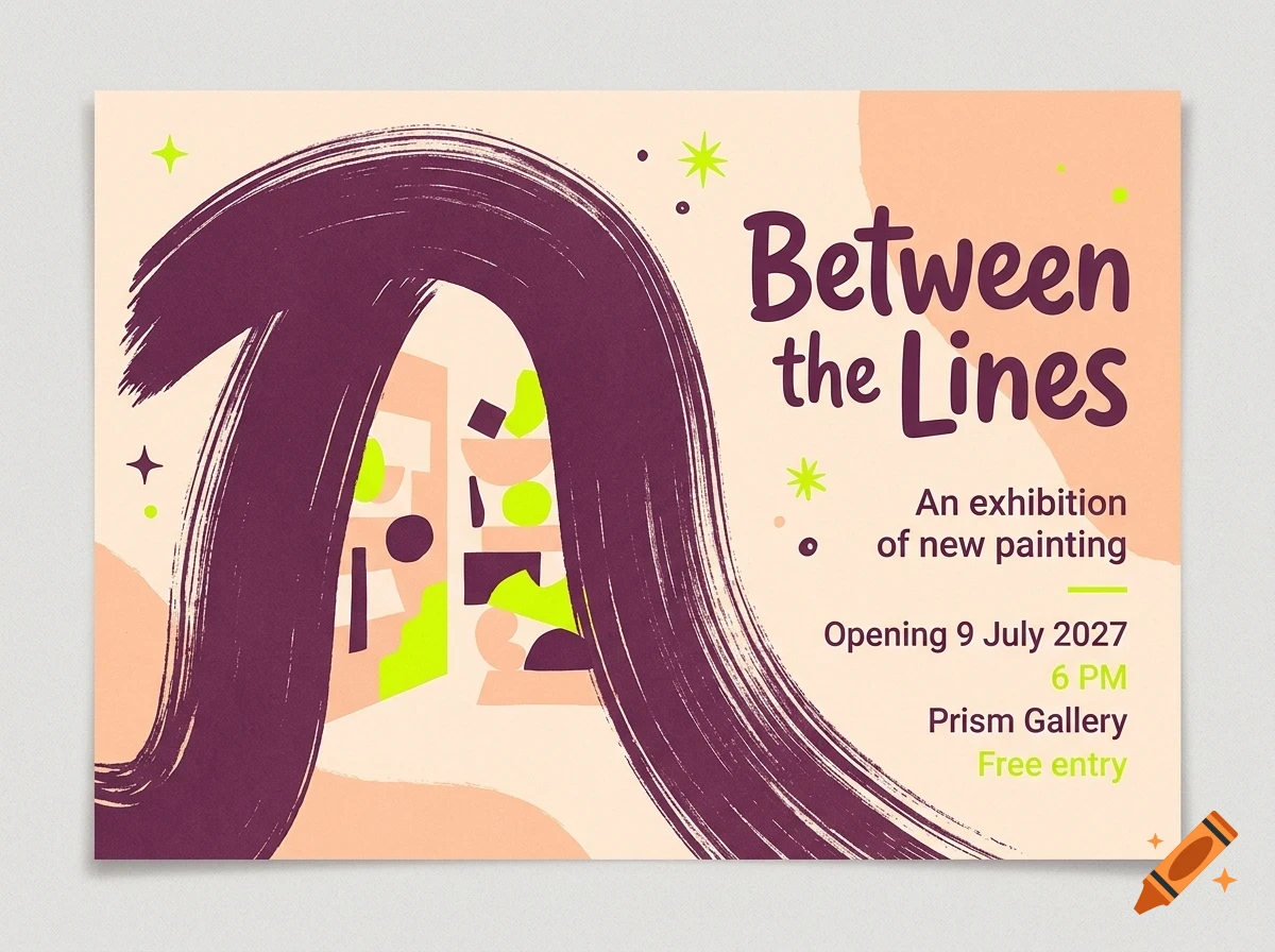 An exhibition poster titled Between the Lines with a large purple brushstroke and abstract shapes.