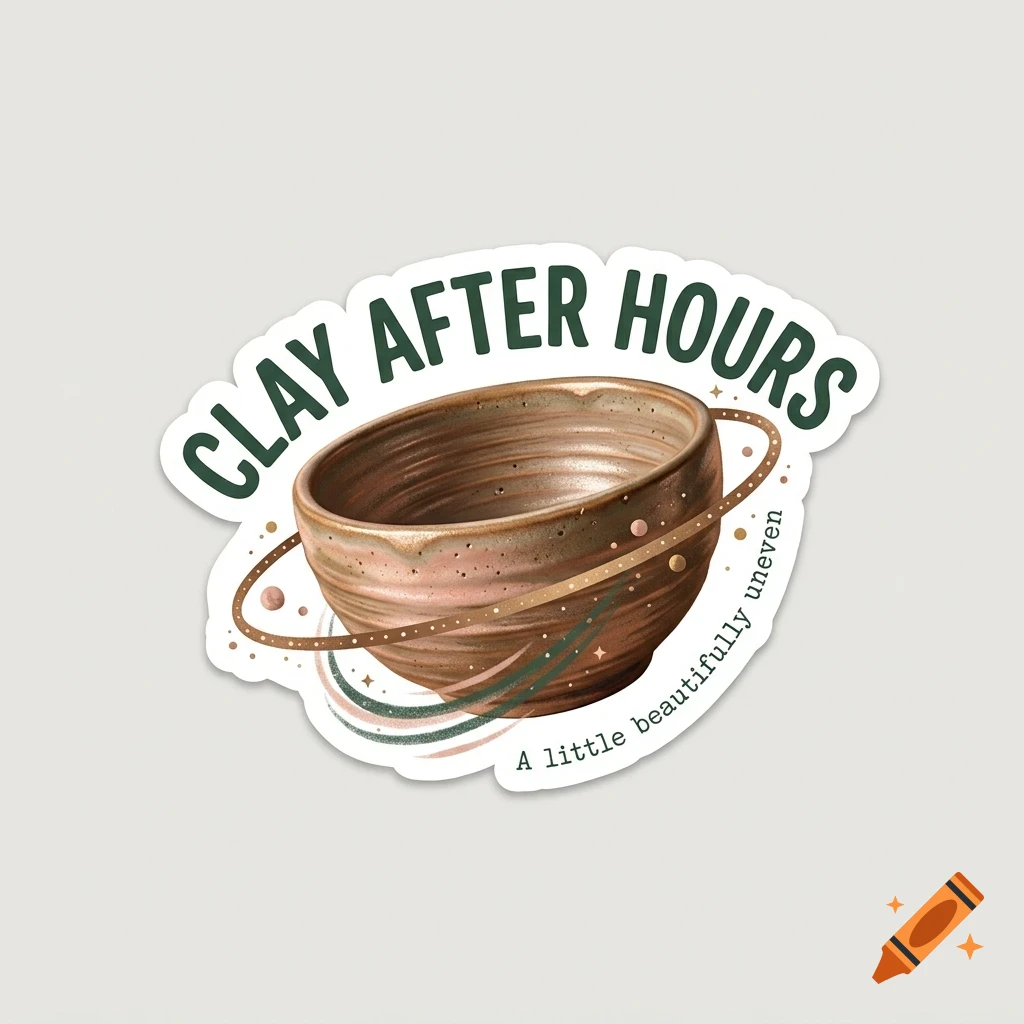 A sticker featuring a brown ceramic bowl with rings around it like Saturn, surrounded by green lettering that reads Clay After Hours.