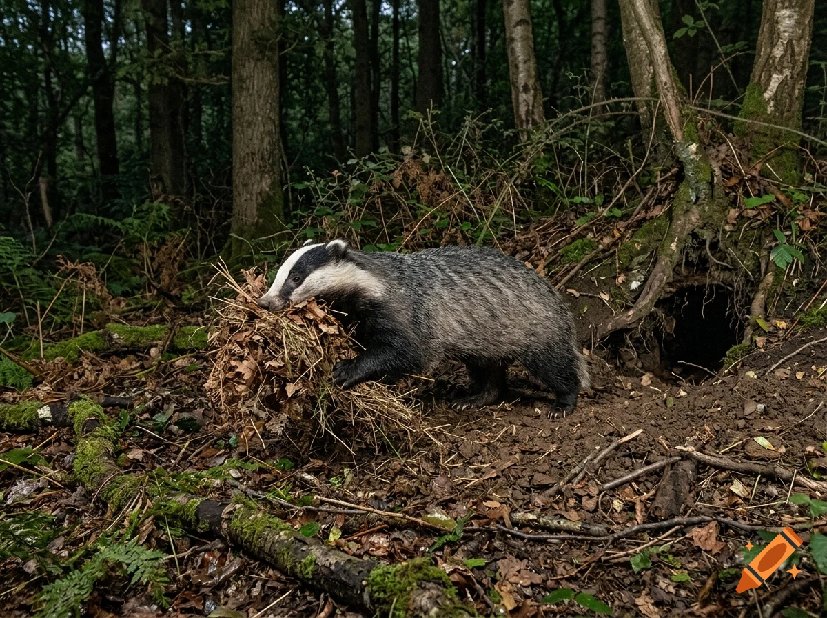 A badger carries nesting material near its burrow in a forest.