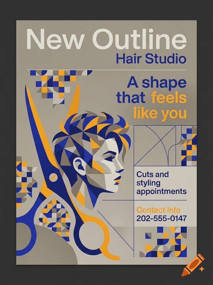 A poster design for New Outline Hair Studio featuring a geometric portrait, scissors graphic, and text.