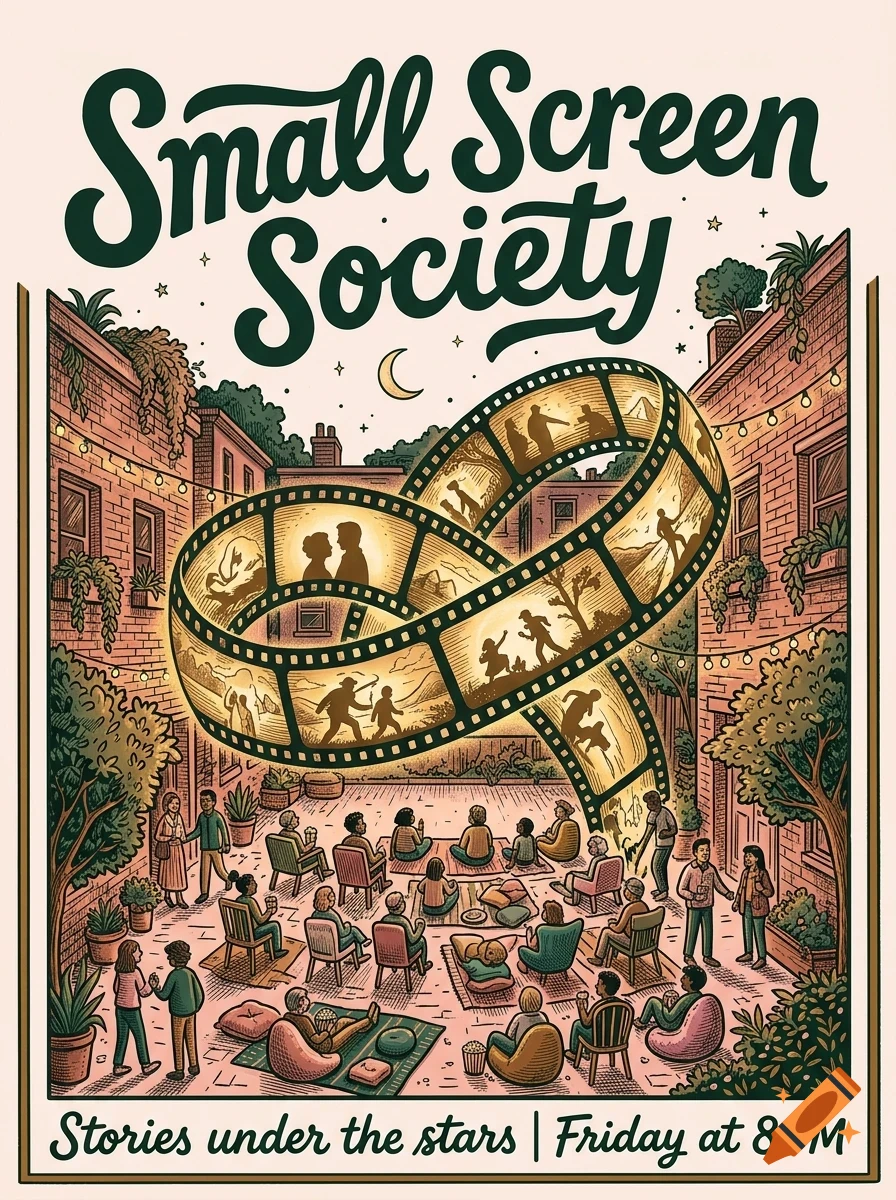 An illustrated poster for an outdoor movie screening in an alleyway, featuring a glowing film strip curling above an audience.