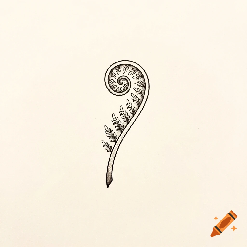 An ink and pencil illustration of a single unfurling fern frond.