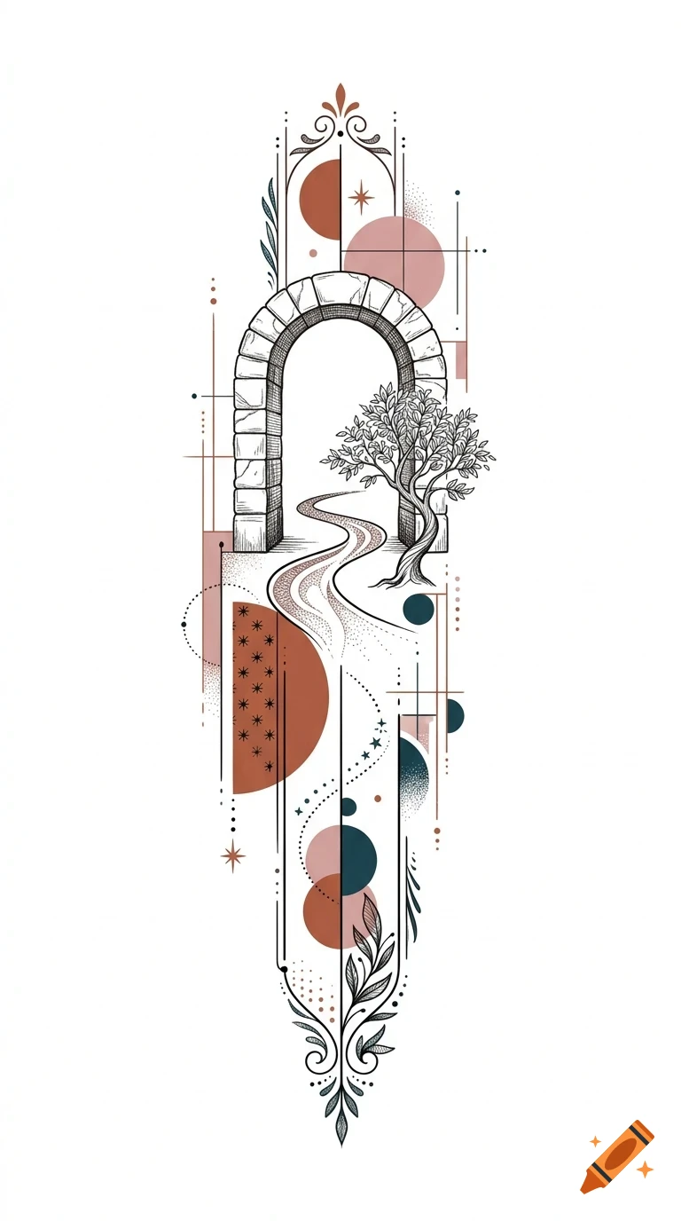 An ornate vector illustration featuring a stone archway, a winding path, a tree, and geometric shapes in muted tones.