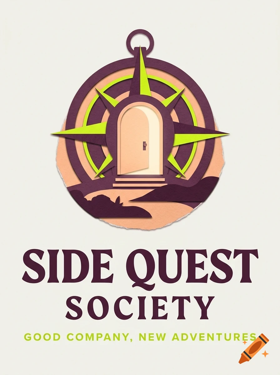 An illustration of a compass with an open door inside, surrounded by the text Side Quest Society and Good Company, New Adventures.