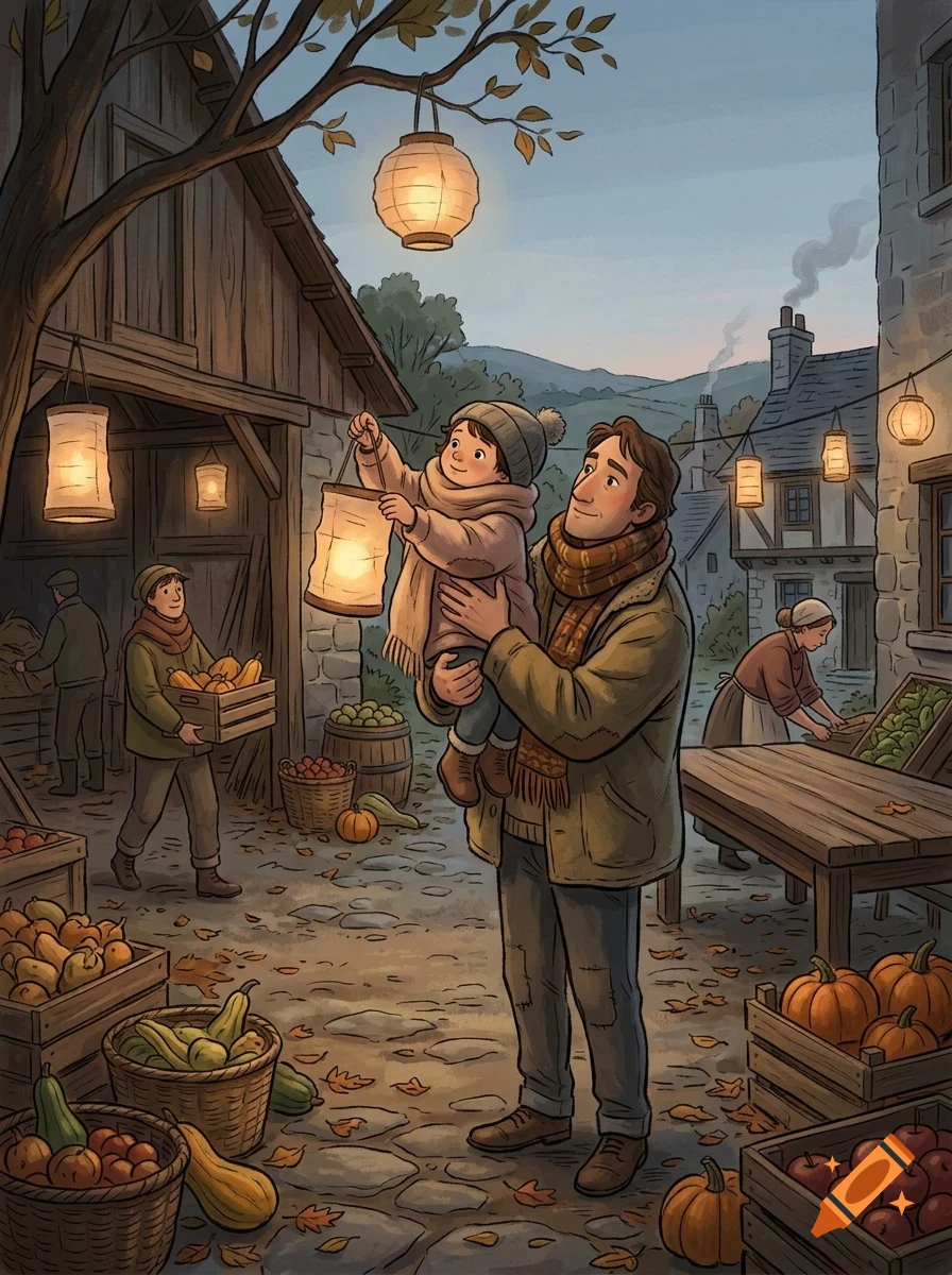 An adult man holds a child up to hang a paper lantern in a rustic village courtyard surrounded by pumpkins and autumn leaves at dusk.
