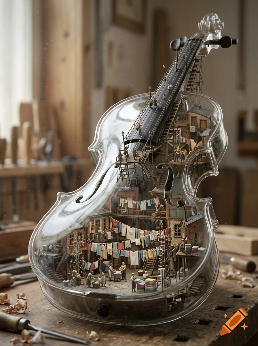 A transparent glass violin containing a miniature village scene with tiny figures doing laundry, on a wooden workbench.