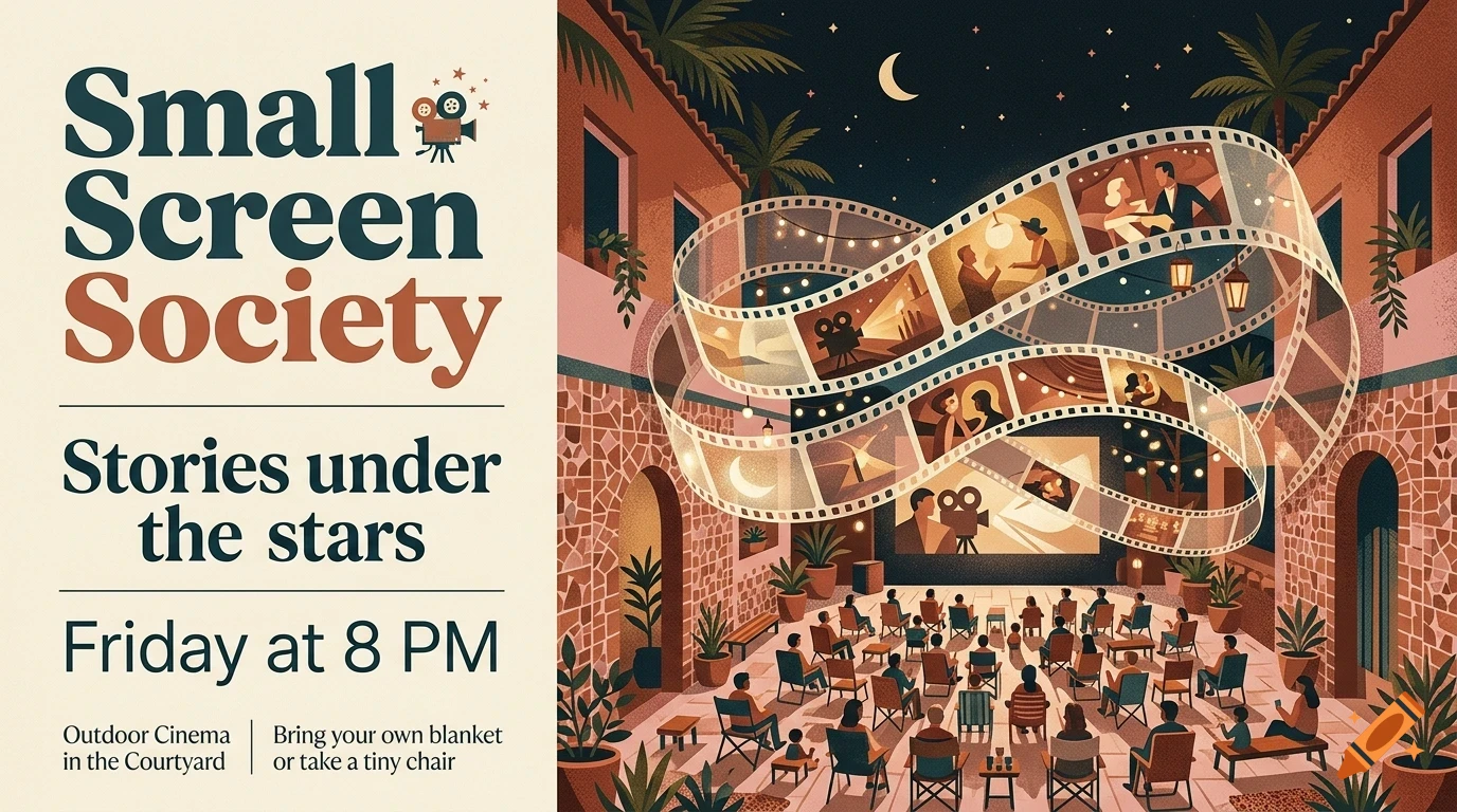 An outdoor cinema event poster featuring a film strip weaving through a courtyard with people watching a movie under the stars.