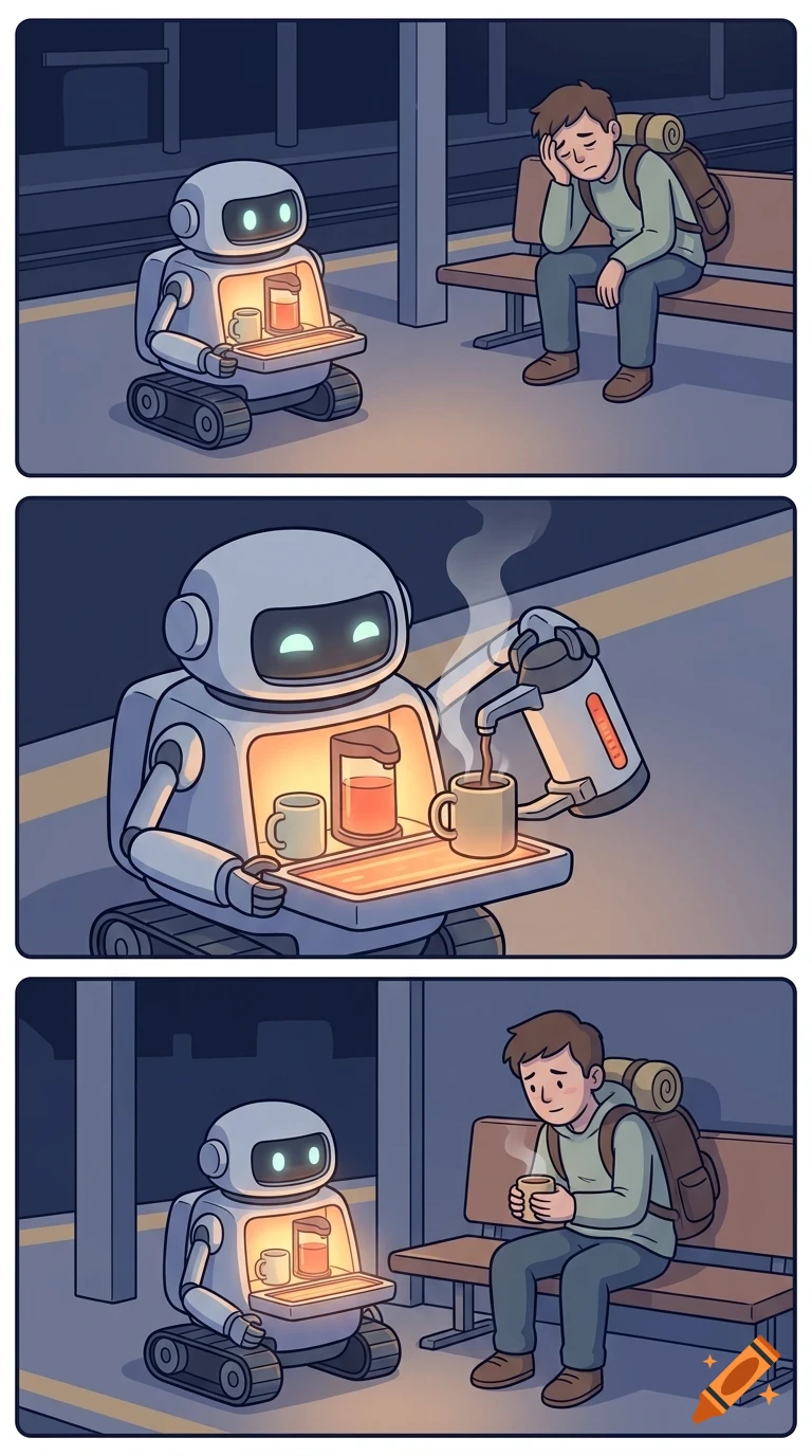 A comic strip showing a small robot on treads offering a cup of warm drink to a sad traveler sitting on a bench at a train station at night.