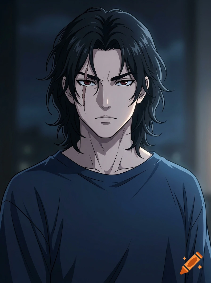 Anime portrait of a 21-year-old man with messy black hair, dark red eyes, a scar over his left eye, and a dark blue shirt.