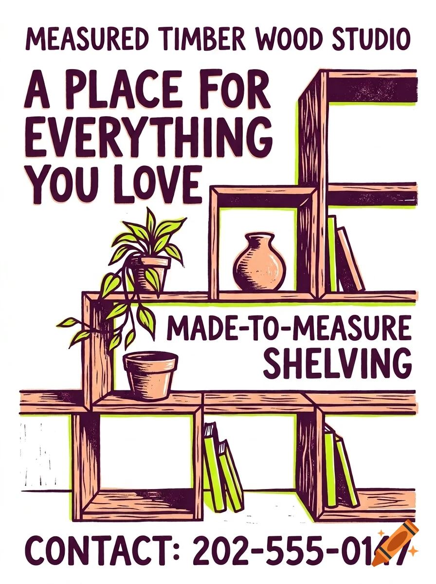 An illustrated poster for Measured Timber Wood Studio featuring wooden shelving holding potted plants, books, and a vase, with promotional lettering.