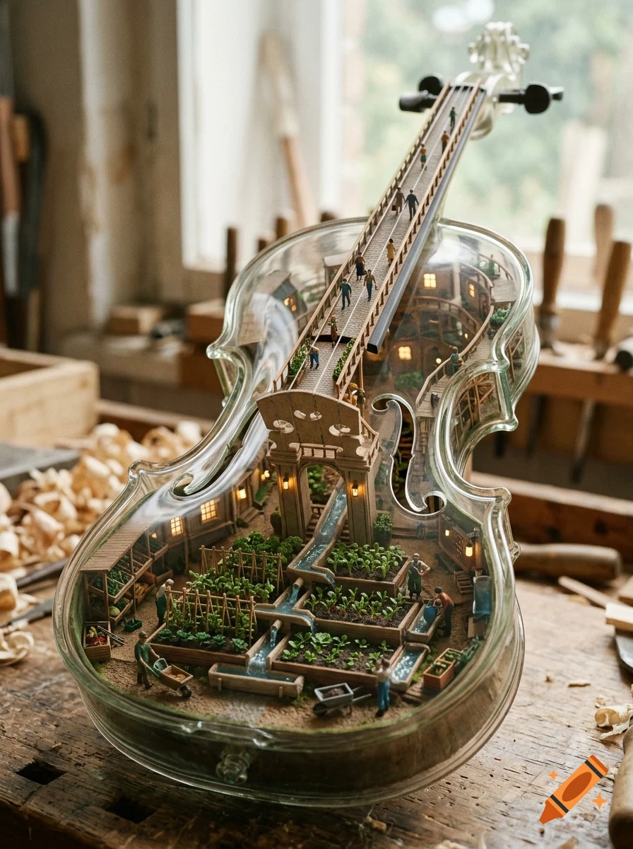 A miniature world inside a hollow glass violin showing people walking on a bridge above a garden.