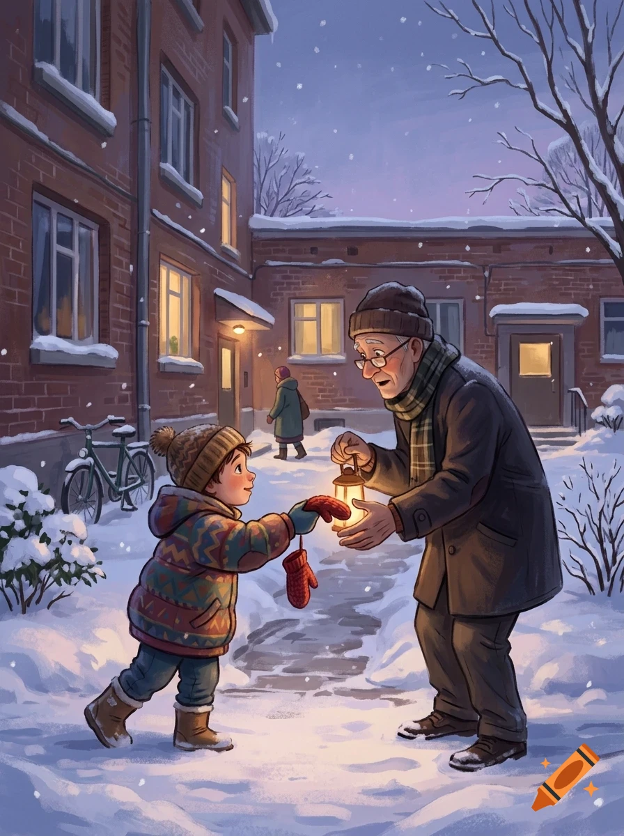 An older man and a young child holding a lantern together on a snowy city street at dusk.