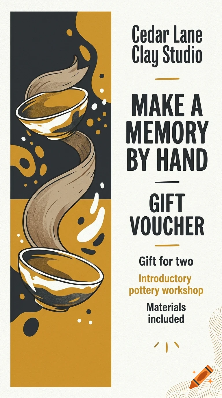 A poster for Cedar Lane Clay Studio with lettering and pottery illustrations.