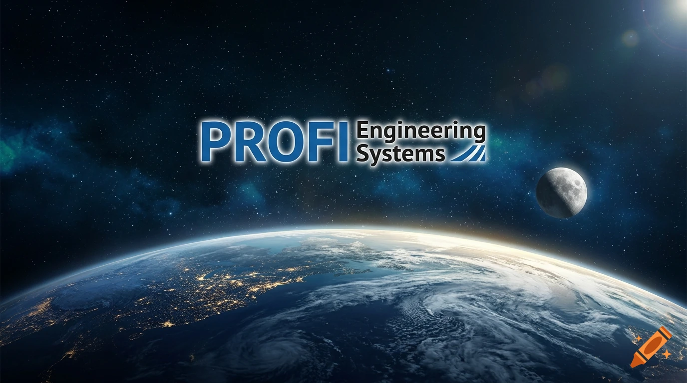 View of planet Earth and the moon from space with the PROFI Engineering Systems logo in the starry sky.