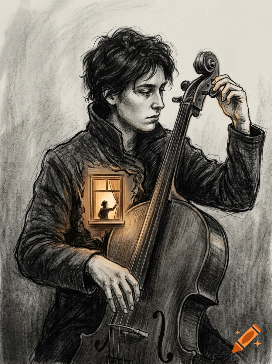 An ink and pencil illustration of a person tuning a cello, with a glowing window scene visible inside their chest.