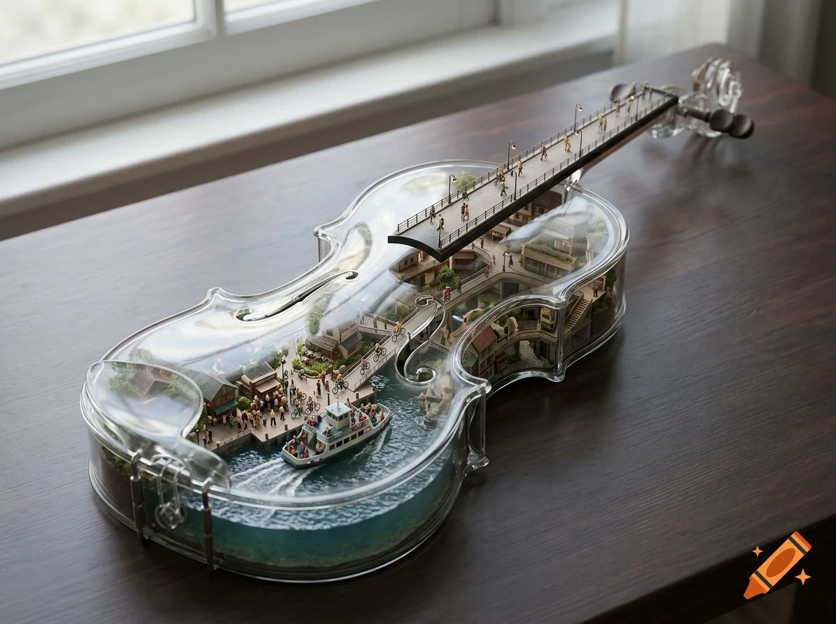 A miniature city built inside a transparent glass violin, complete with a bridge, buildings, tiny people, and a boat on water.