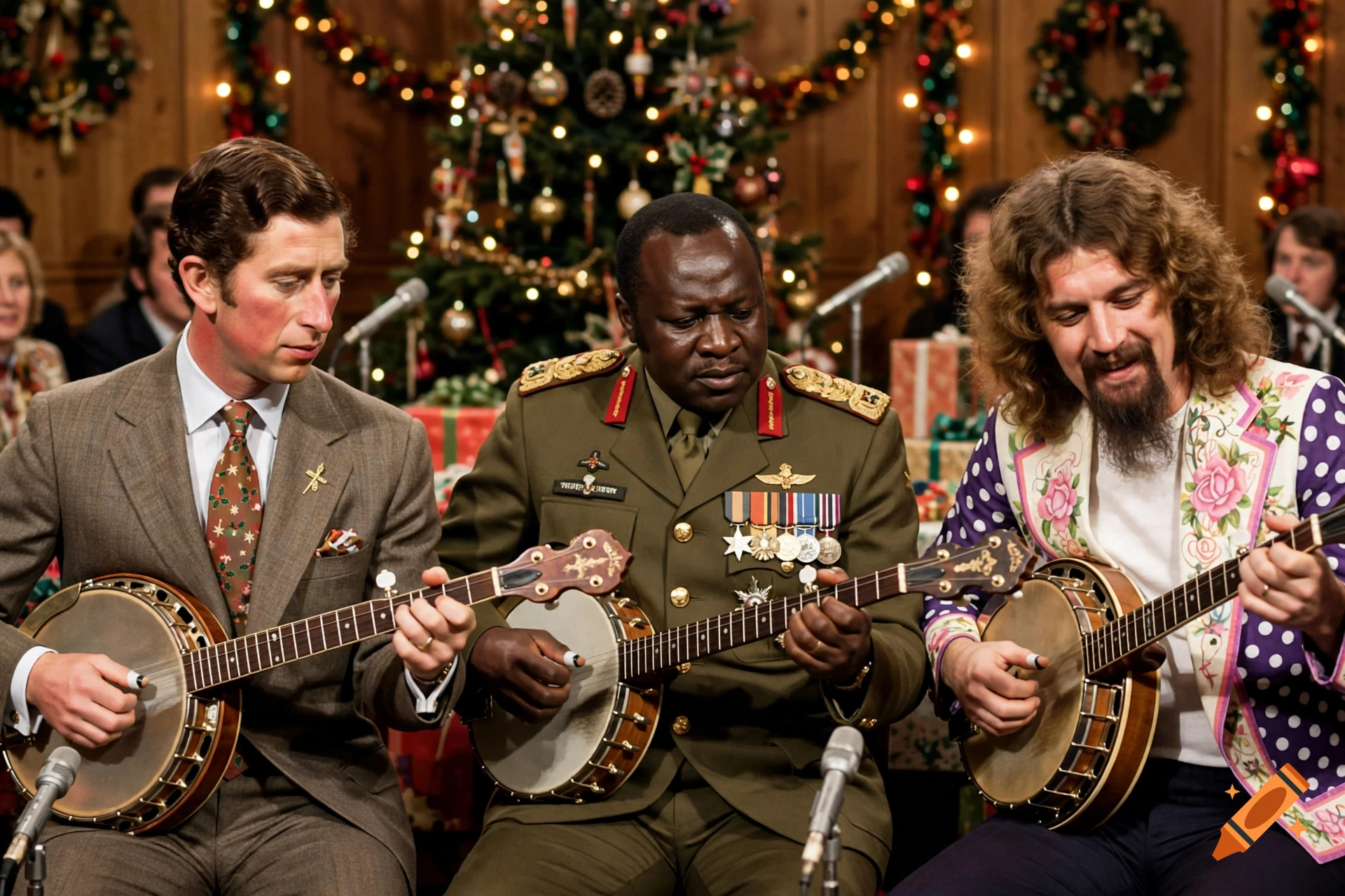Photorealistic image of Prince Charles, Idi Amin, and Billy Connolly playing banjos in front of a Christmas tree.