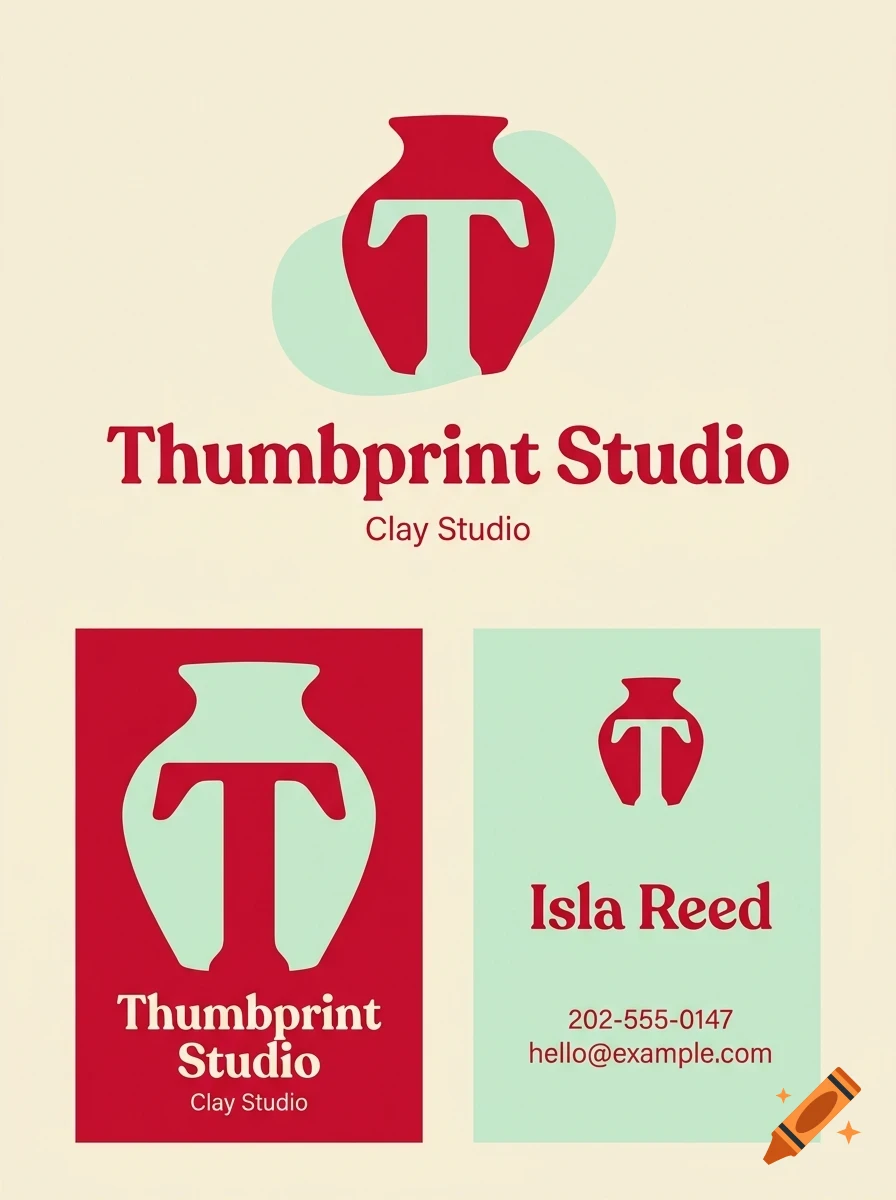 Branding design for Thumbprint Studio featuring a red pottery vase icon with a white letter T and the text Thumbprint Studio and Clay Studio.