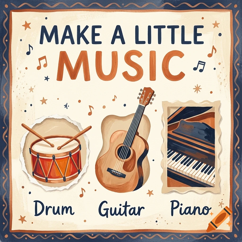 An illustrated poster with the text MAKE A LITTLE MUSIC, featuring drawings of a drum, a guitar, and a piano with corresponding labels underneath.