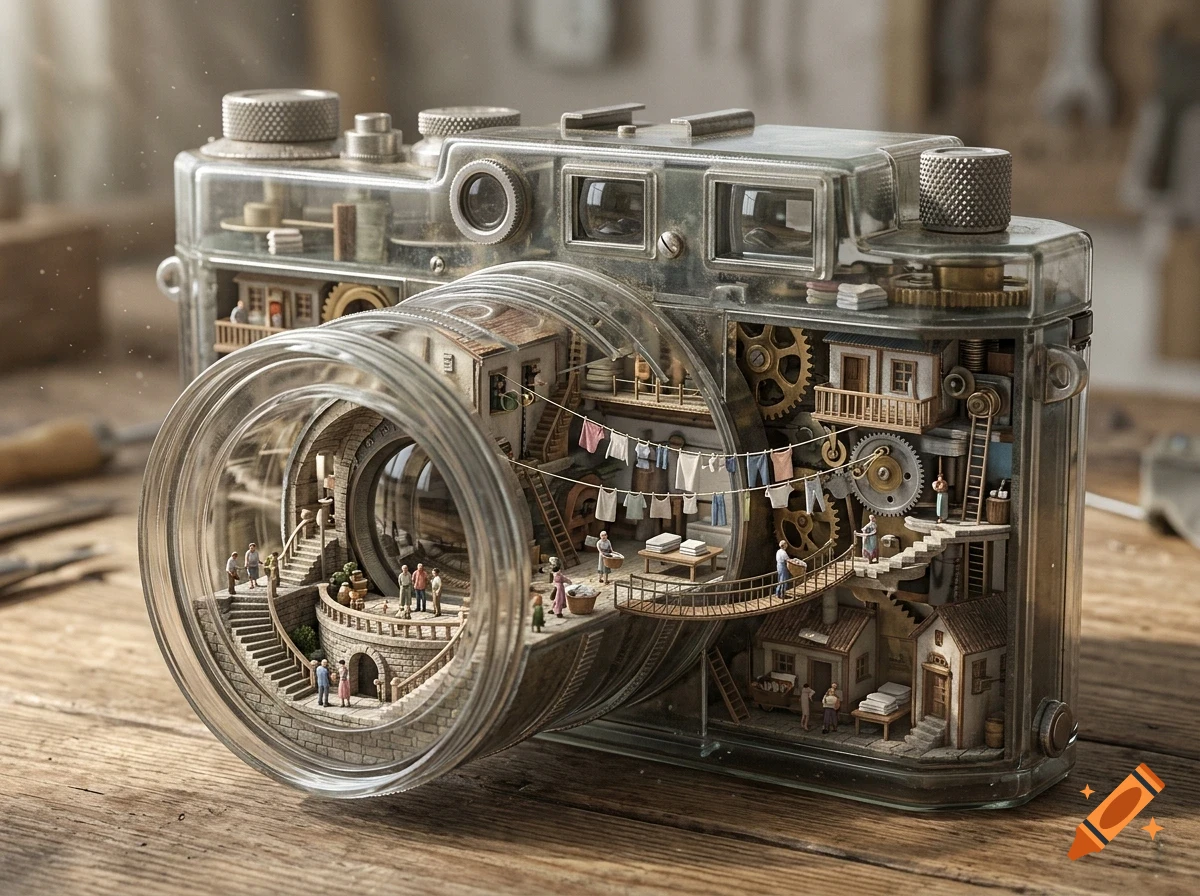 A miniature world inside a transparent vintage camera on a wooden table, featuring tiny houses, gears, and people.