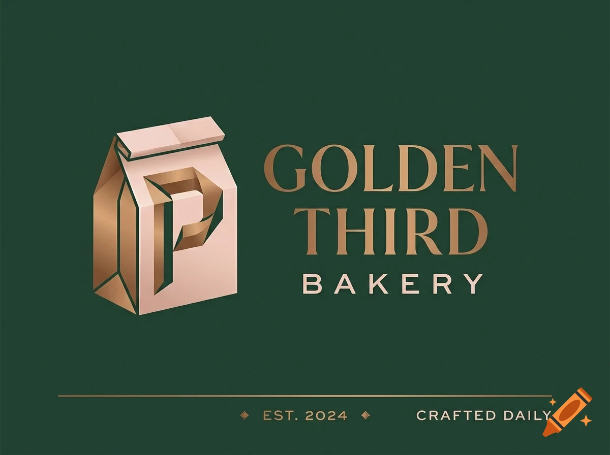 A logo for Golden Third Bakery, featuring a paper bag icon with a stylized letter P and the text Golden Third Bakery on a dark green background.