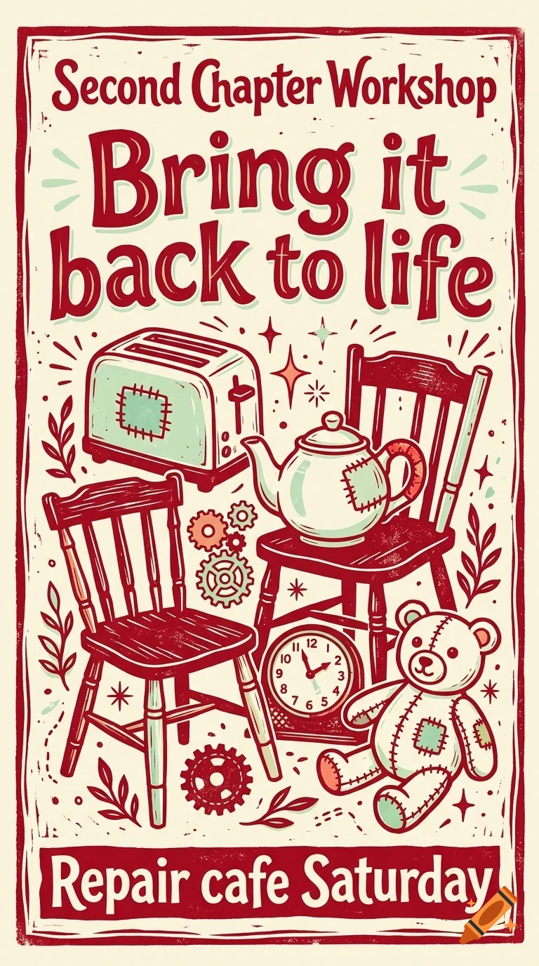 An illustrated poster for Second Chapter Workshop featuring objects like a toaster, teapot, chairs, and a teddy bear, with lettering reading 'Bring it back to life'.