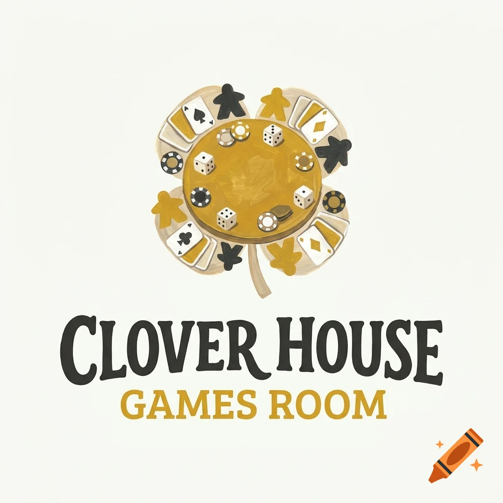 Logo featuring a clover-shaped table with playing cards, dice, poker chips, and game pieces, with the text Clover House Games Room below.