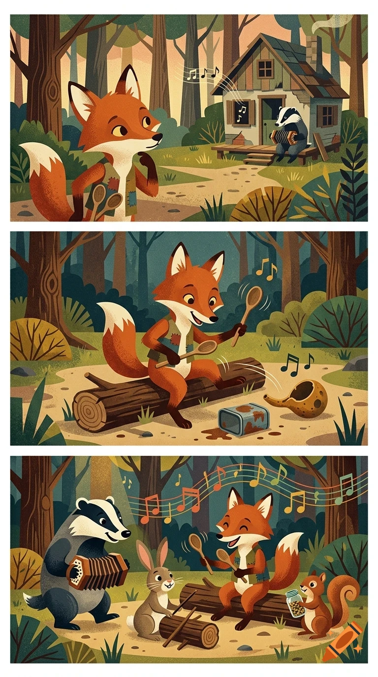 A three-panel illustration of animals playing music in a forest, featuring a fox playing wooden spoons and a badger playing an accordion.