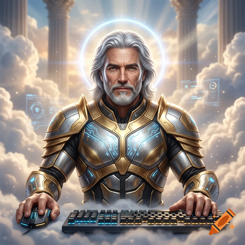 Digital art of a majestic god-like figure with silver hair, a halo, and futuristic golden armor, sitting in the clouds using a keyboard and mouse.