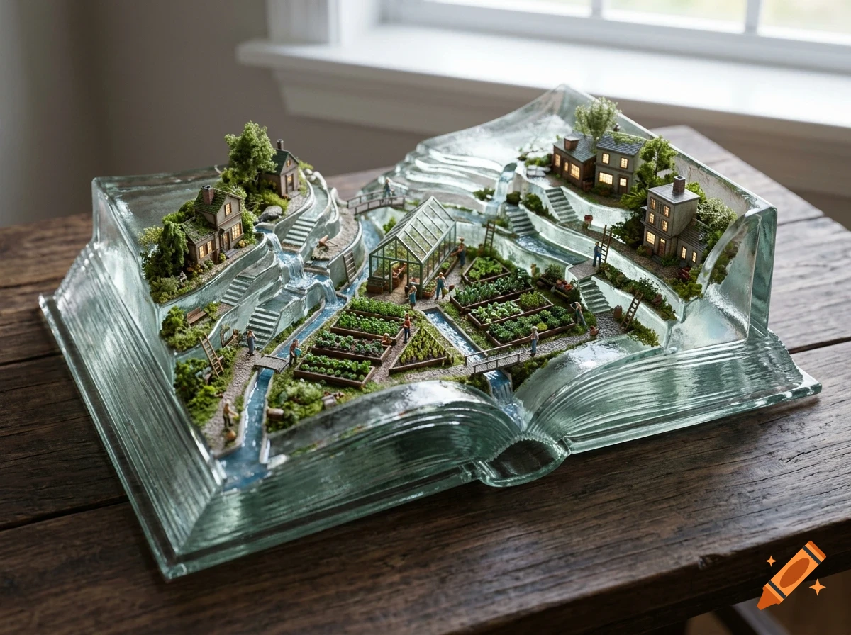 A miniature diorama built inside a sculpted glass book, featuring tiny houses, gardens, a greenhouse, and minuscule figures.