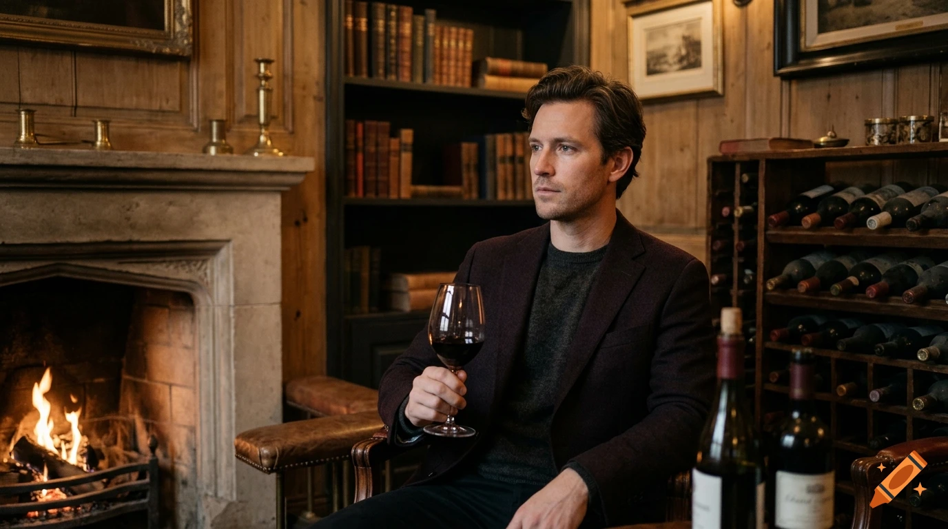 Photorealistic image of an elegant 30s man sitting in a cozy vintage wine bar next to a fireplace, holding a glass of red wine.