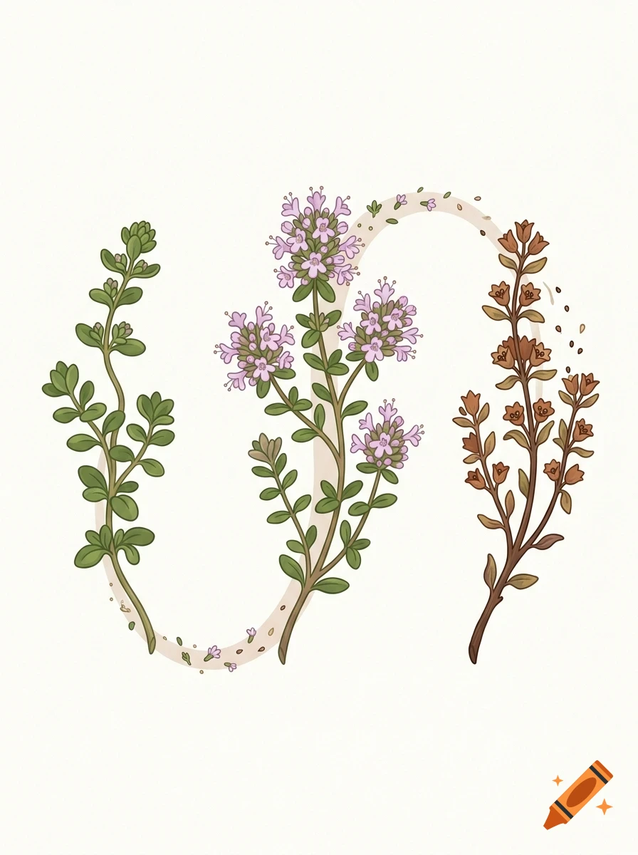 An illustration showing three stages of a thyme plant with green leaves, pink flowers, and brown dried stems.