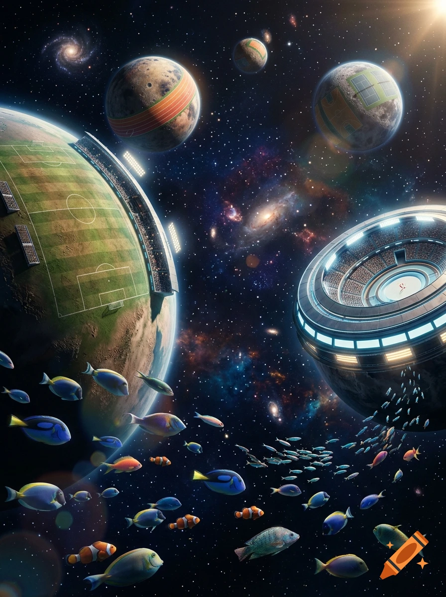 Surreal cosmic scene featuring planets transformed into sports stadiums, with schools of colorful fish swimming through outer space.