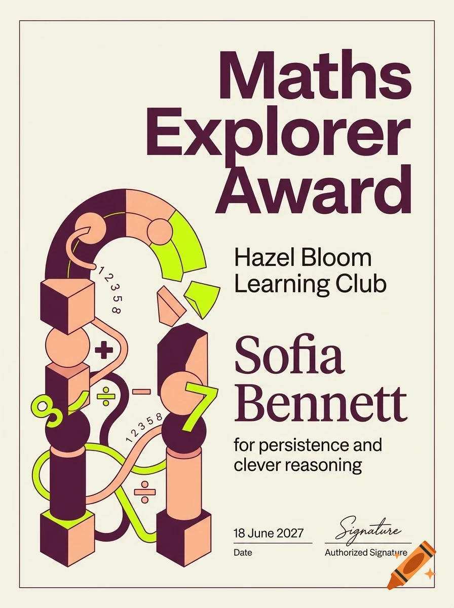 An award certificate featuring geometric shapes, mathematical symbols, and the text Maths Explorer Award.