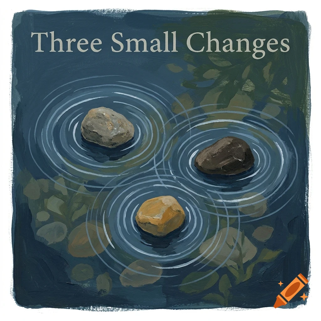 An oil painting of three stones in water with concentric ripples and the text 'Three Small Changes'.