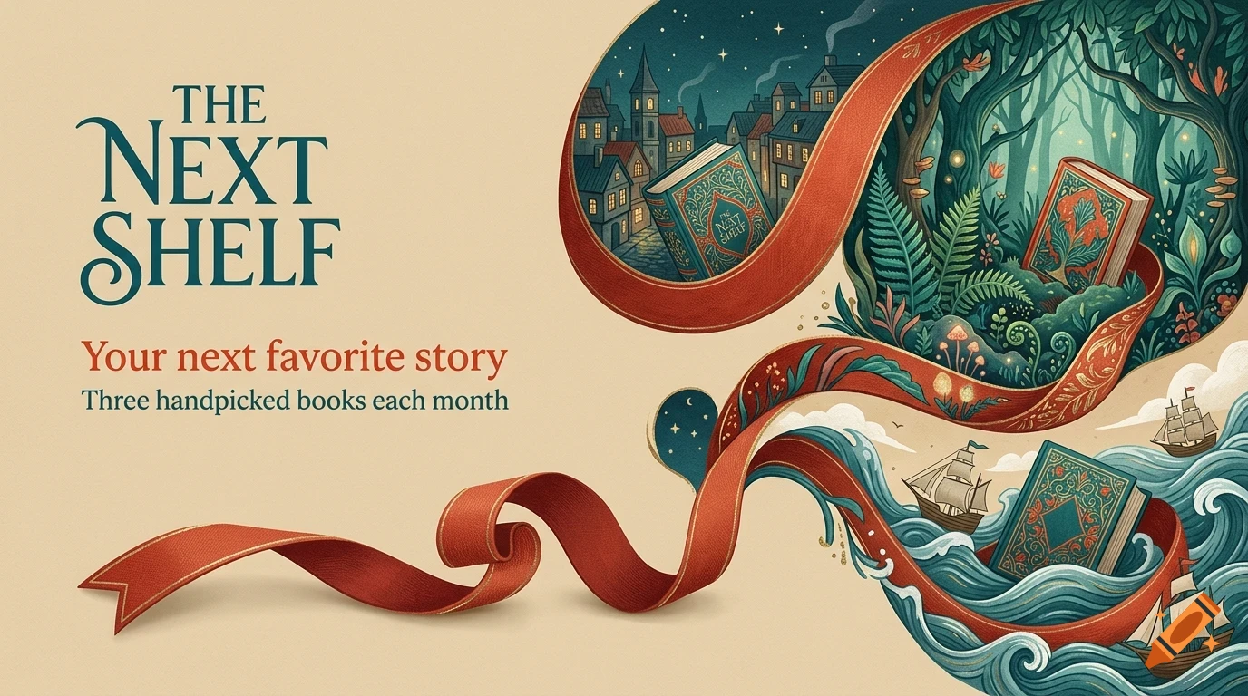 An illustrated promotional graphic for The Next Shelf featuring a winding red ribbon flowing through a town, a forest with books, and a wavy sea with sailing ships.