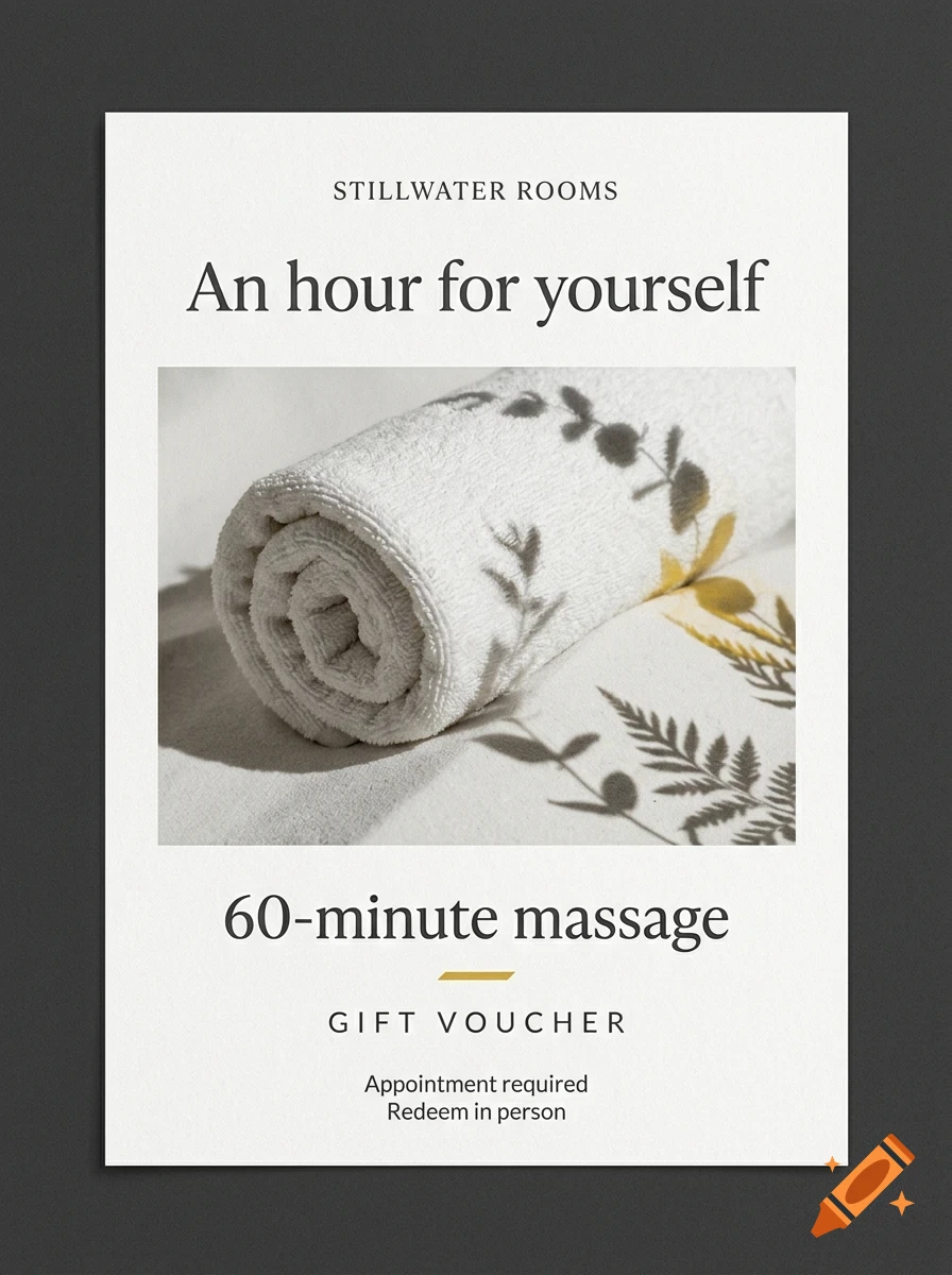 A gift voucher for Stillwater Rooms featuring a rolled white towel with botanical shadows.