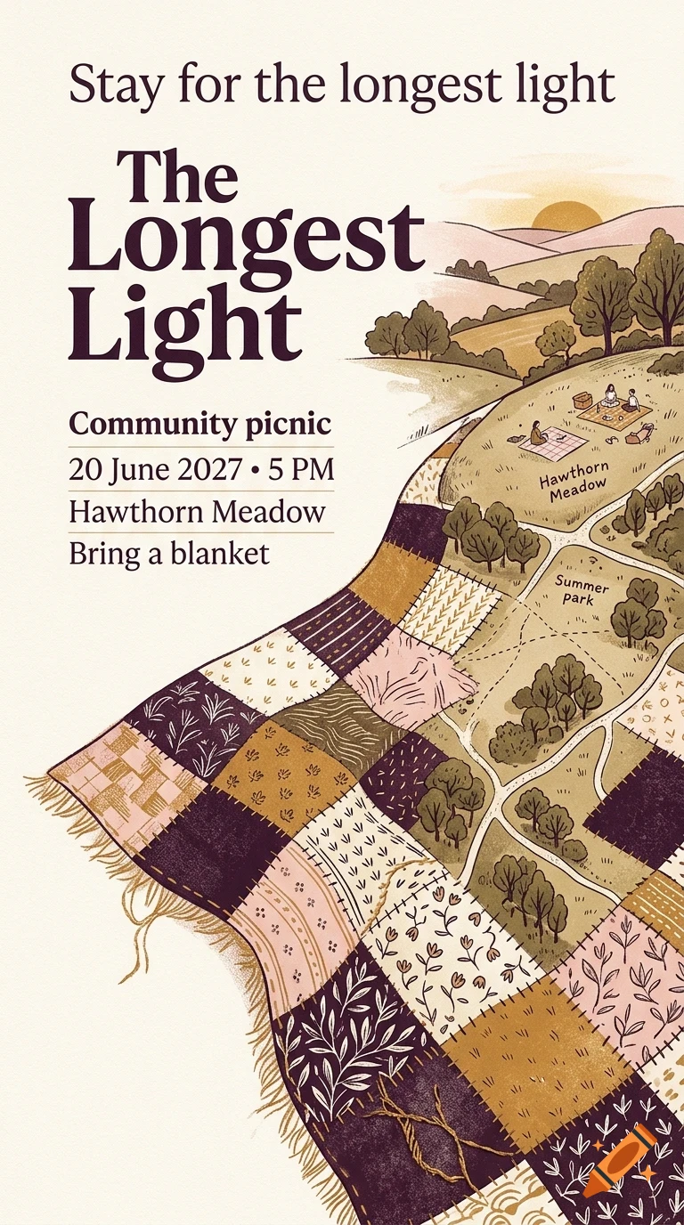 An illustrated poster featuring a patchwork blanket blending into a rolling landscape with trees, a sunset, and text about a community picnic.