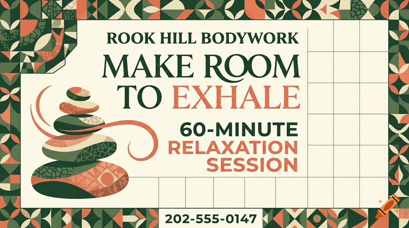 An advertisement for Rook Hill Bodywork featuring stacked smooth stones, geometric patterns, and text reading MAKE ROOM TO EXHALE.