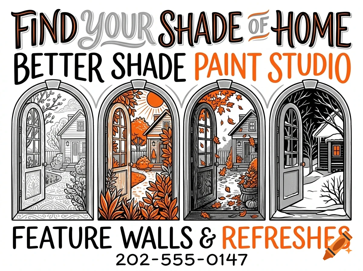 An illustration with lettering reading Find Your Shade of Home, Better Shade Paint Studio, Feature Walls & Refreshes, and four arched panels showing houses in different seasons.