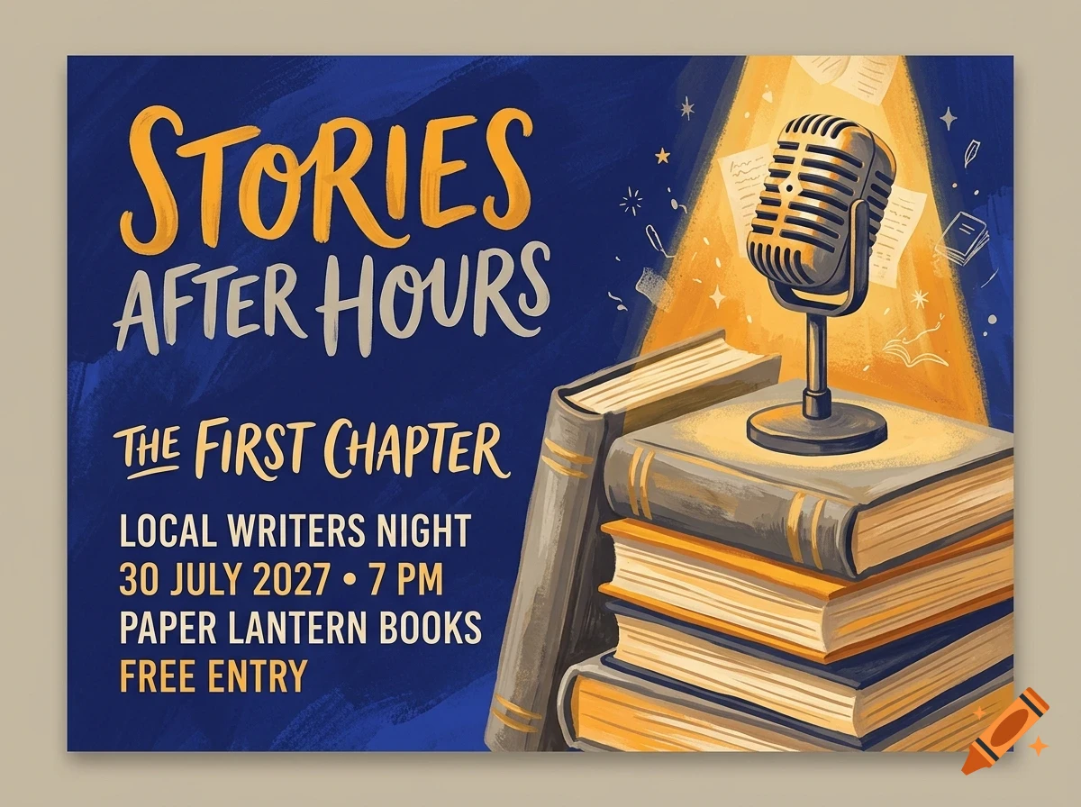 An illustrated poster for Stories After Hours, featuring a vintage microphone on a stack of books, surrounded by text and a warm spotlight.