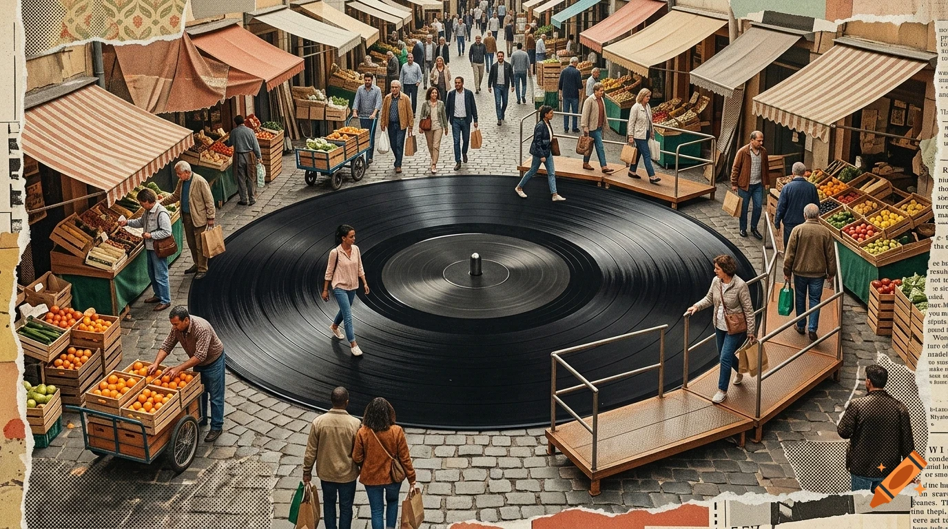 An aerial view of a bustling outdoor market street with people walking around a massive vinyl record embedded in the cobblestone square.