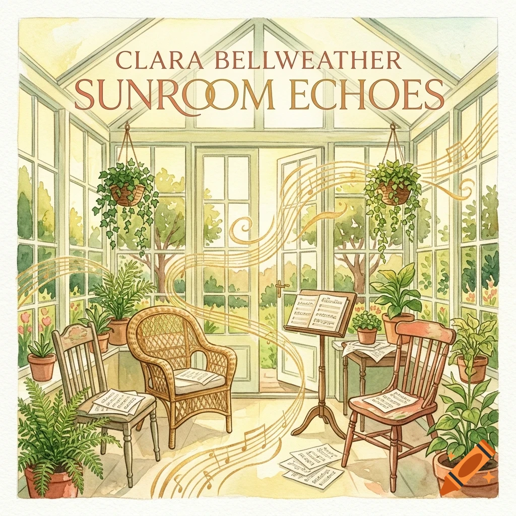 Watercolor illustration of a sunroom filled with potted plants, chairs, and musical notes swirling in the air.