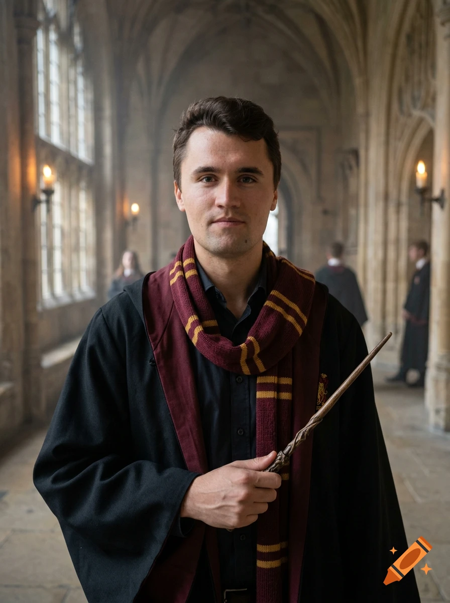 Photorealistic portrait of a young man dressed in Hogwarts robes with a Gryffindor scarf, holding a wand inside a stone castle hallway.