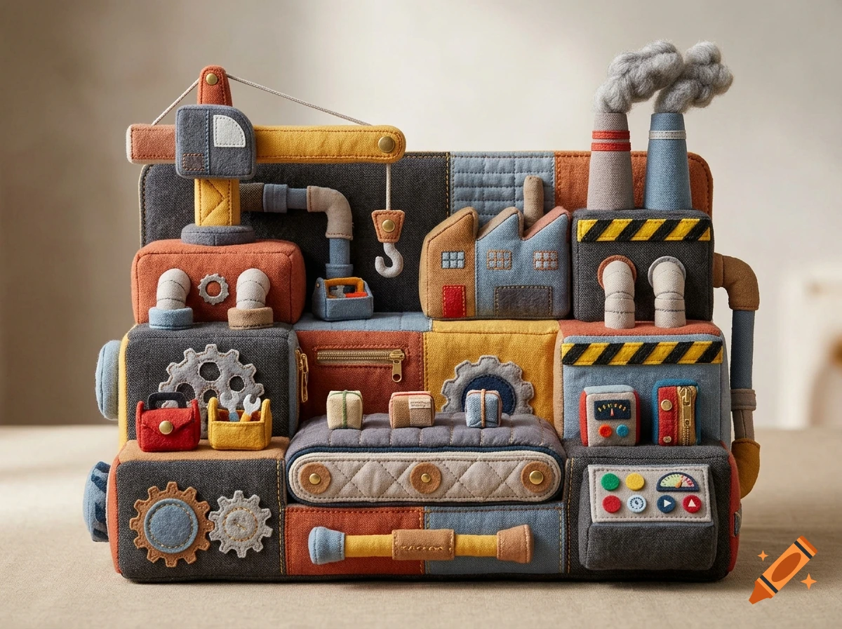 Fabric toy shaped like a miniature industrial factory with cranes, pipes, gears, and chimneys, made of felt and stitched cloth.