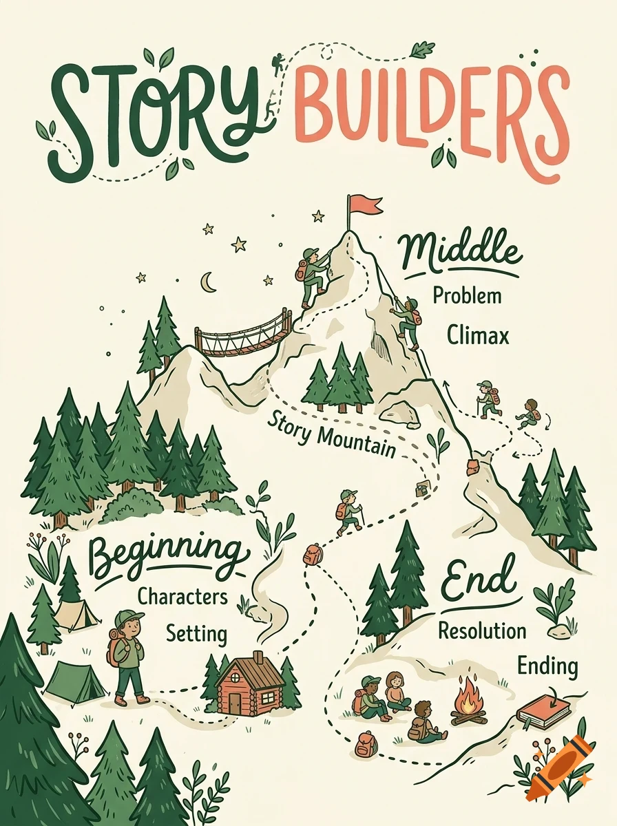 An illustrated diagram titled Story Builders depicting a mountain path representing a story arc with Beginning, Middle, and End sections, trees, and tiny hikers.